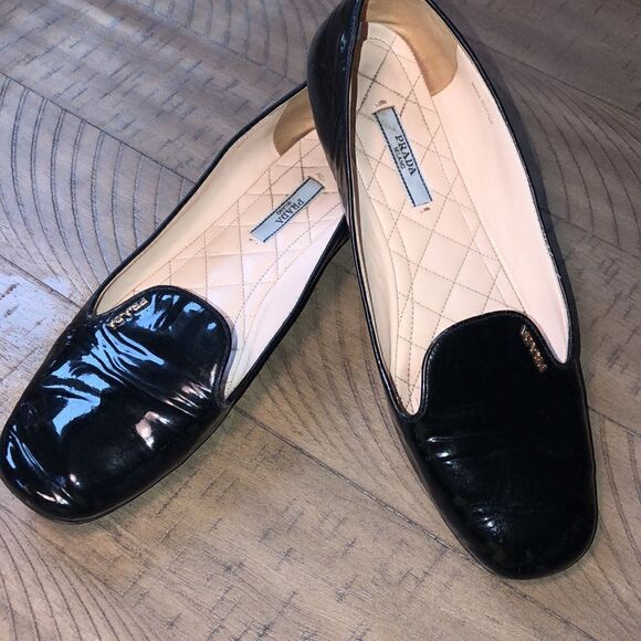 Prada Gold Logo Patent Leather Loafers Quilted Footbed. Sanitized and polished. - Picture 4 of 17